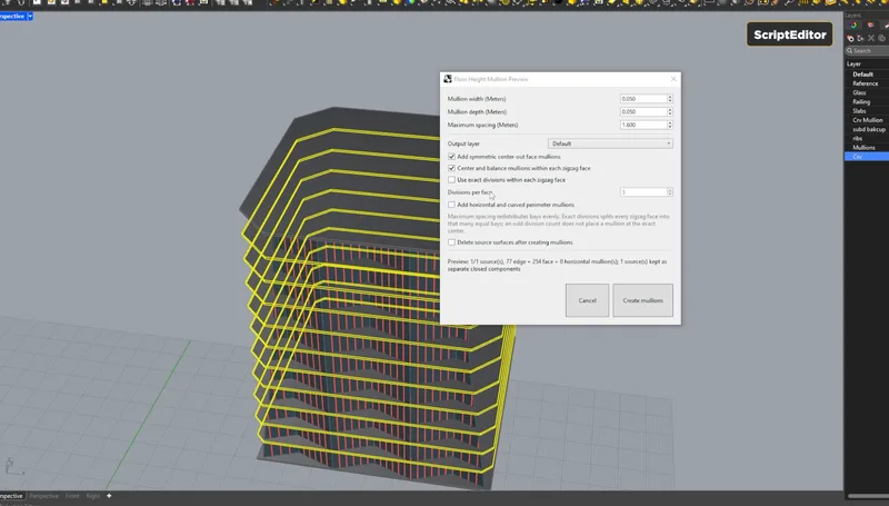 The FloorMullions preview dialog placing perimeter mullions across the floor plates of a zigzag tower