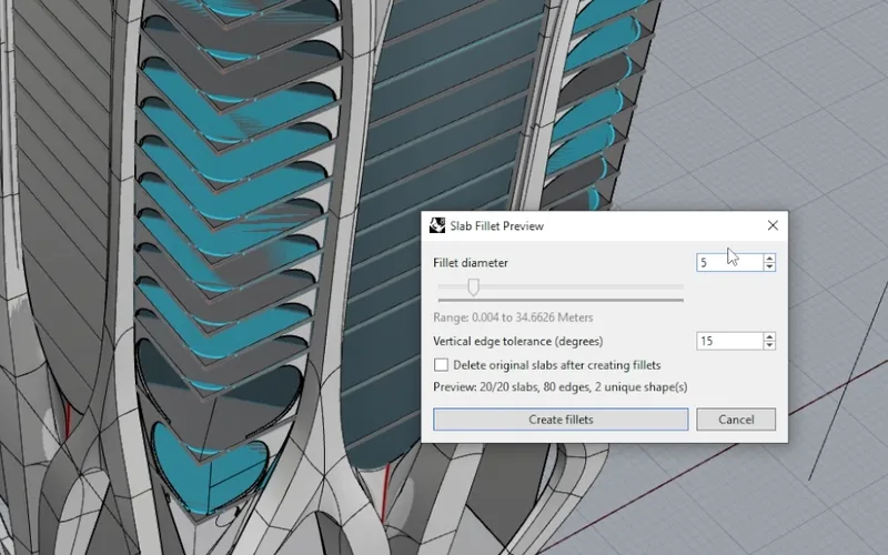 The SlabFillet preview dialog in Rhino, filleting every selected slab with a live preview