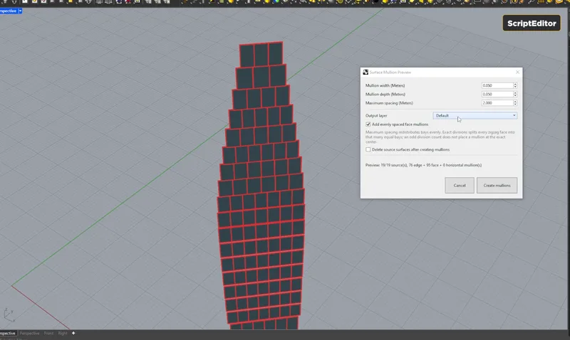 The SurfaceMullions preview dialog covering a tapered tower with a red mullion grid preview