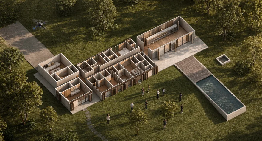 The same scene rendered photorealistically by RhinoFrame, with materials, landscaping, and people