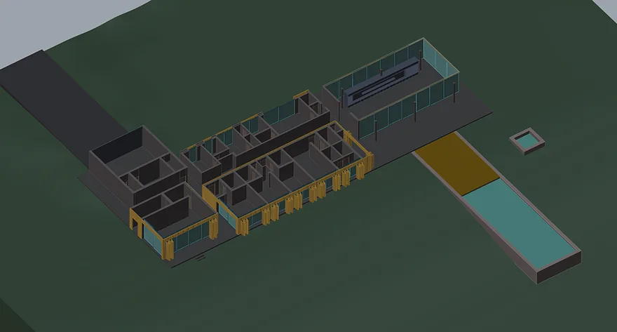 A raw Rhino 8 viewport of an architectural model before rendering