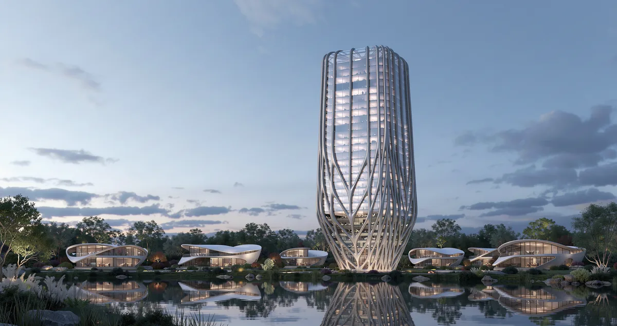 The same tower rendered by FLUX 3 Image at dusk, standing in a lake with lit windows