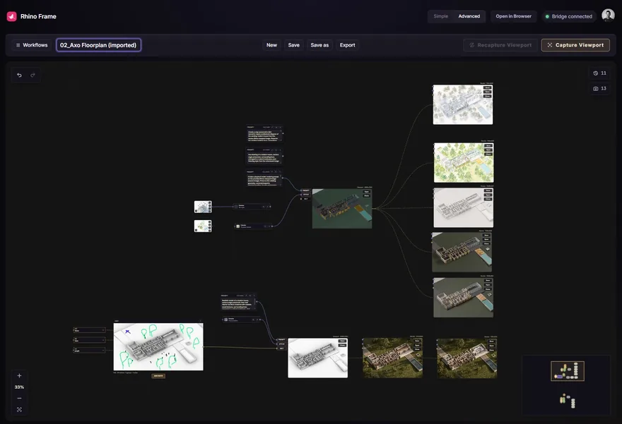 RhinoFrame Advanced Mode node canvas, with prompt, style, sketch, and viewport nodes wired into multiple renders