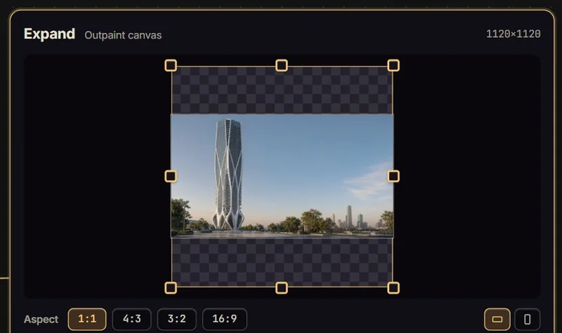 RhinoFrame expand node with a 1:1 preset and the new canvas area shown as a checkerboard