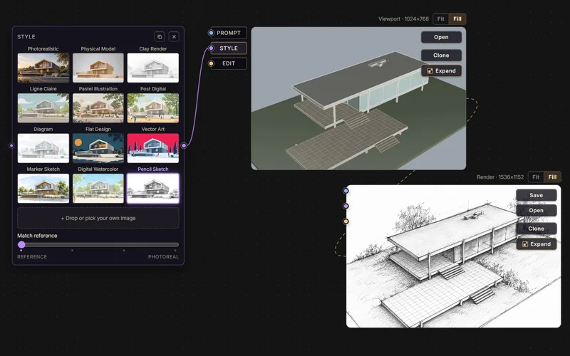 RhinoFrame Style node with a grid of 12 built-in styles and a strength slider, wired into a viewport frame next to a pencil sketch render of the Farnsworth House