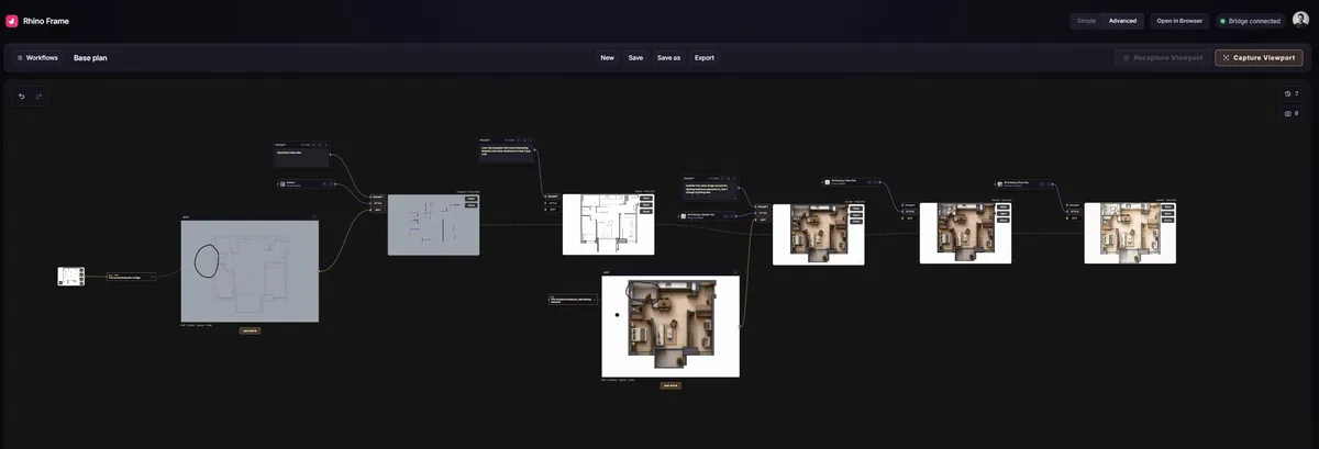 A full RhinoFrame advanced node canvas, with prompt, style, sketch, and viewport nodes wired into several finished renders