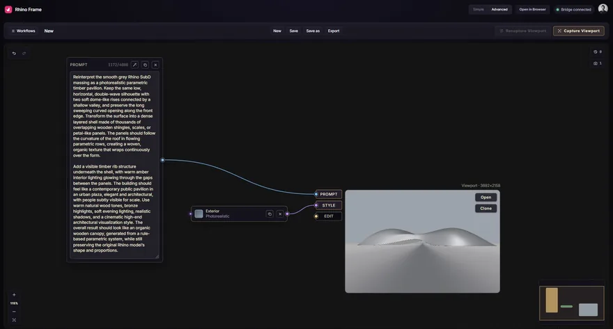 Composing the render with nodes on the RhinoFrame canvas