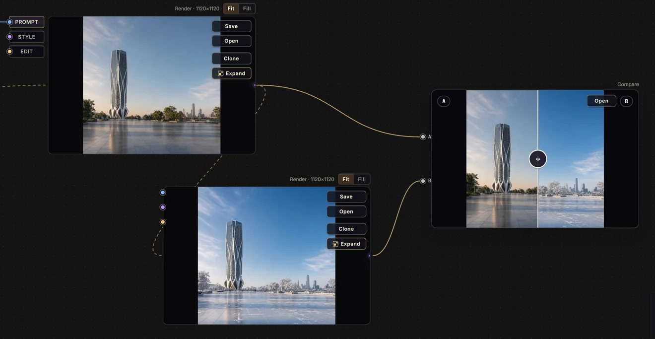Two renders of the same tower, one at sunset and one in winter, wired into a Compare node with a slider between them