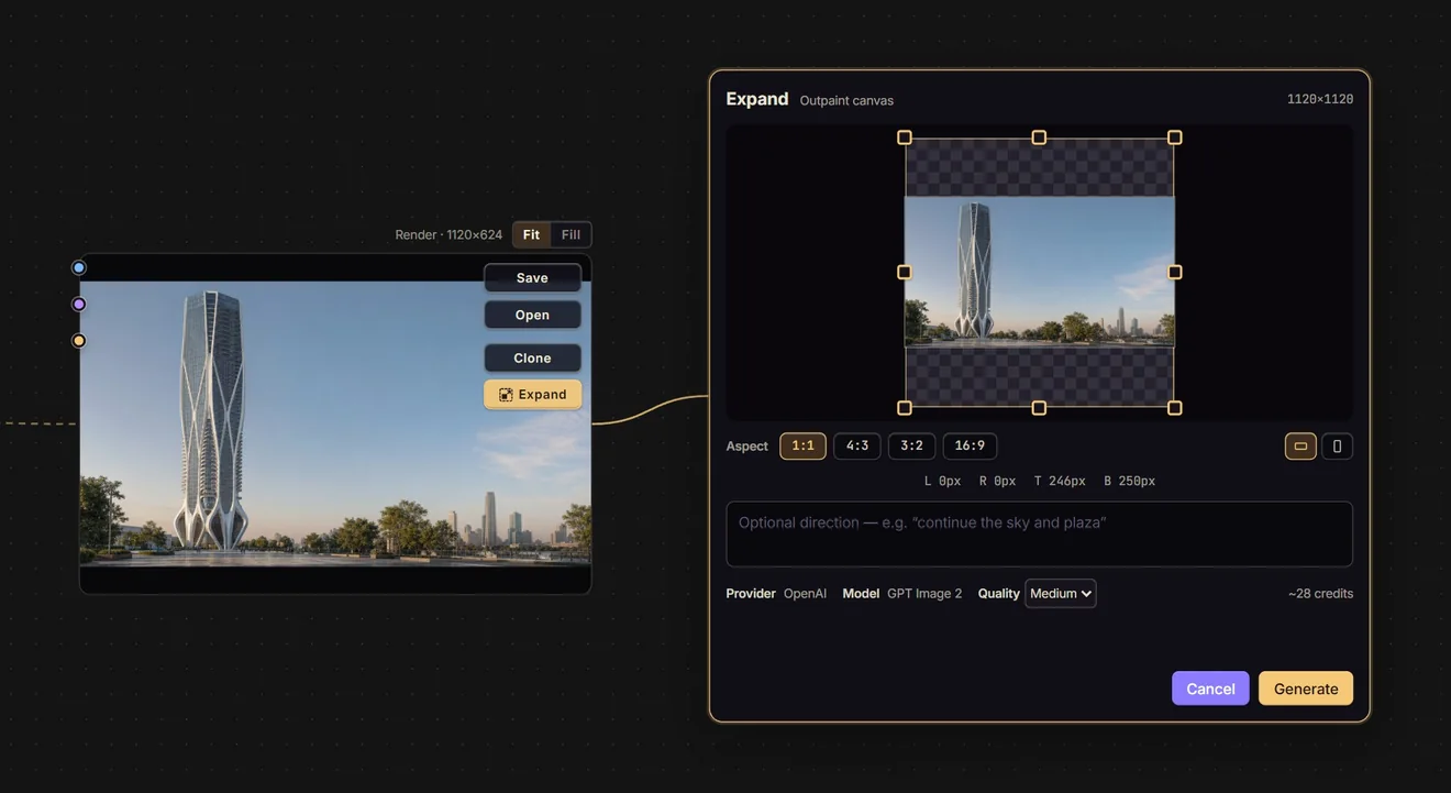 A render frame wired into the Expand node, with the 1:1 preset selected, drag handles on every edge, and the new canvas above and below shown as a checkerboard