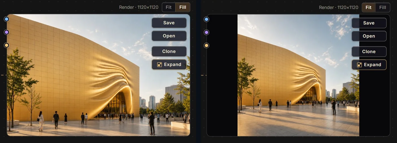 The same square render shown twice in a wide frame, cropped in Fill mode on the left and fully visible in Fit mode on the right