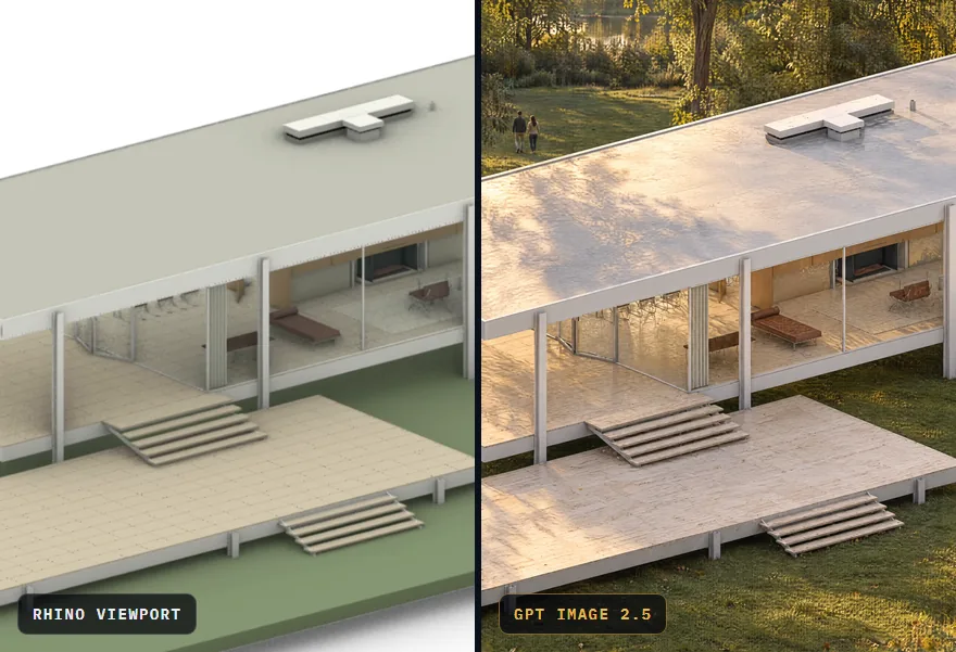 The Farnsworth House as a plain Rhino viewport capture next to the GPT Image 2.5 render of the same view