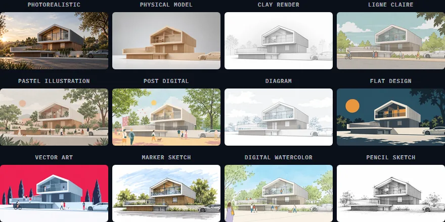 The same house rendered in the 12 built-in RhinoFrame styles, from Photorealistic, Physical Model and Clay Render to Ligne Claire, Flat Design, Vector Art and Pencil Sketch