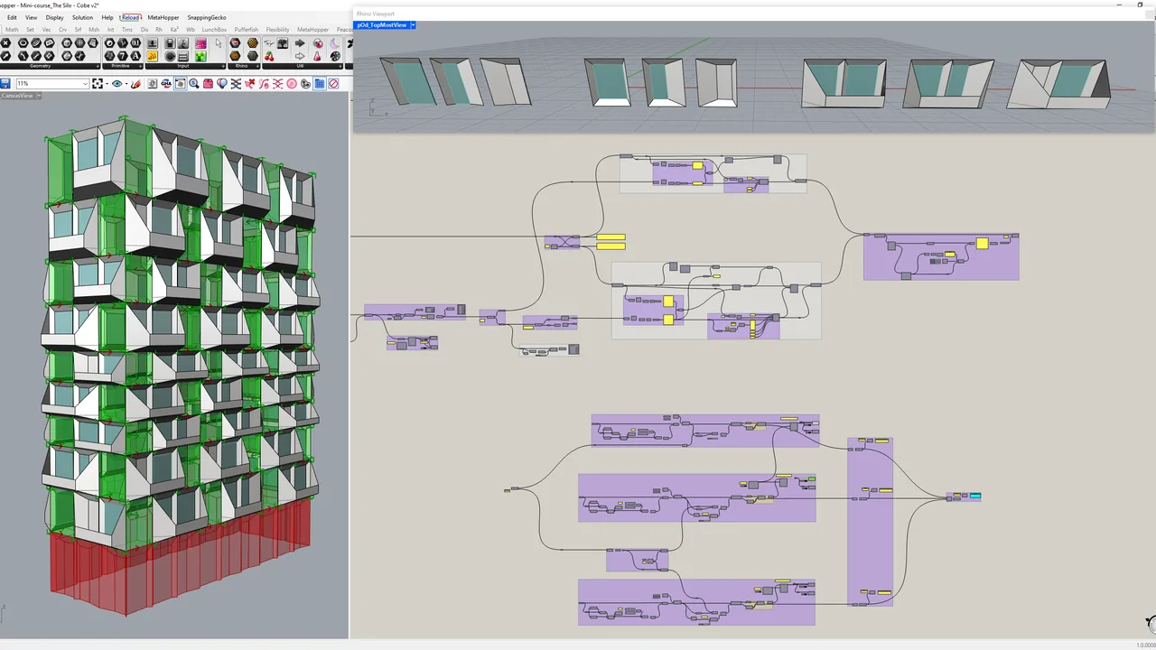 Parametric block-based facade driven from Grasshopper, inspired by Cobe's The Silo