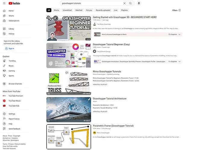 Grasshopper Tutorials on YouTube